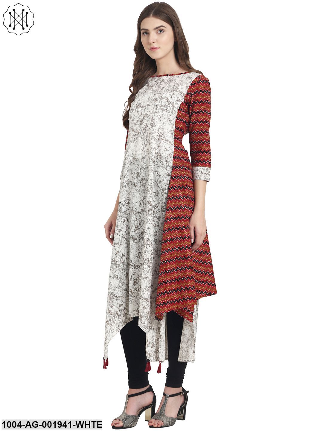 White Printed 3/4Th Sleeve Cotton A-Line Kurta - Image 2