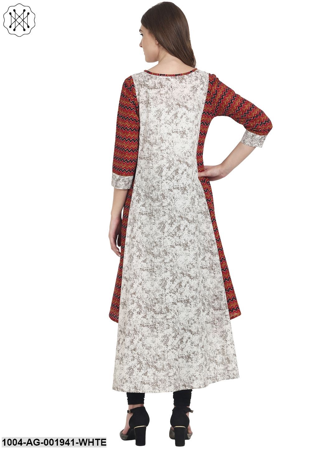 White Printed 3/4Th Sleeve Cotton A-Line Kurta - Image 3