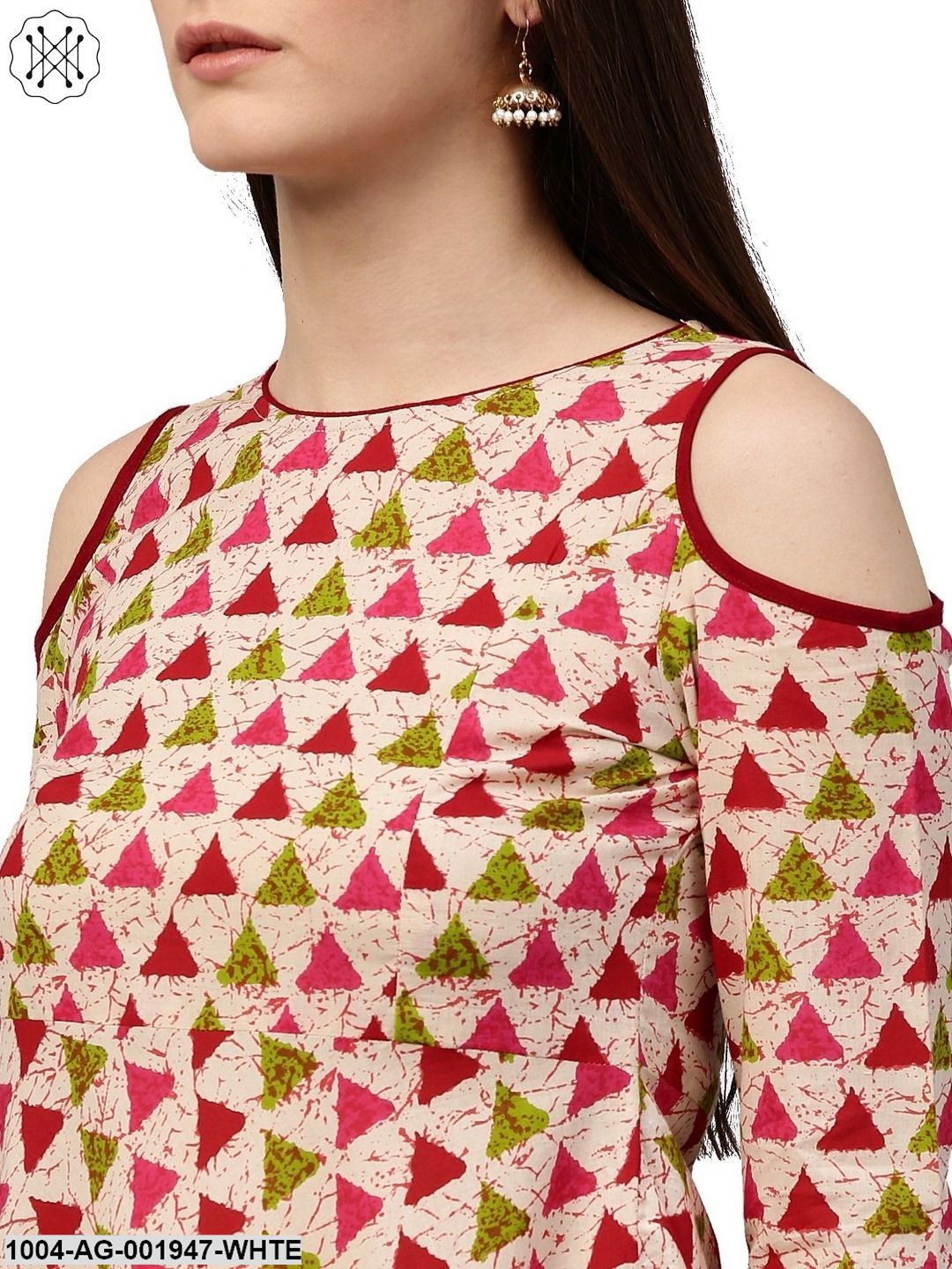 White Printed 3/4Th Sleeve Cold Shoulder 3/4Th Sleeve Cotton Anarkali Kurta - Image 5