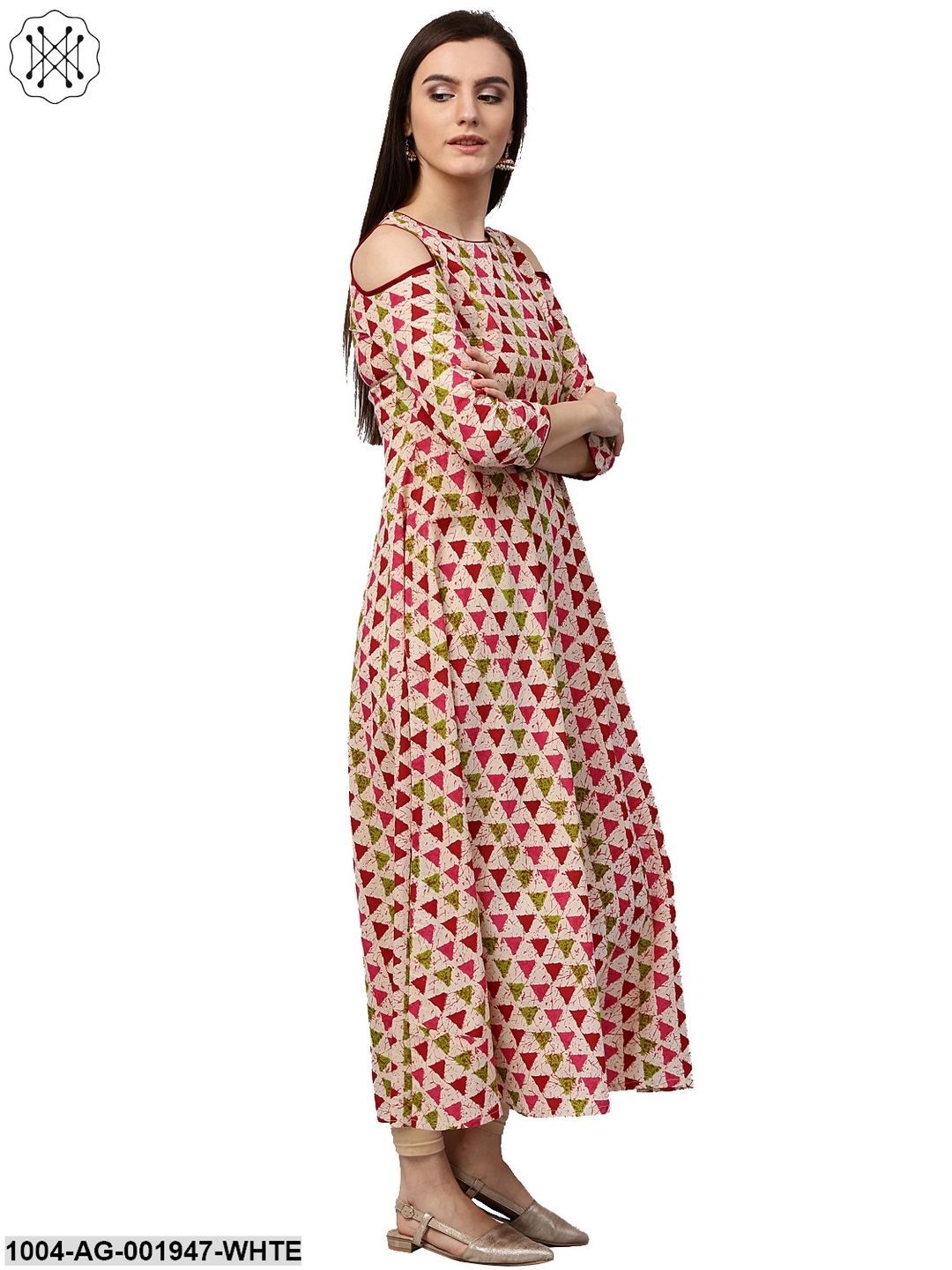White Printed 3/4Th Sleeve Cold Shoulder 3/4Th Sleeve Cotton Anarkali Kurta - Image 2