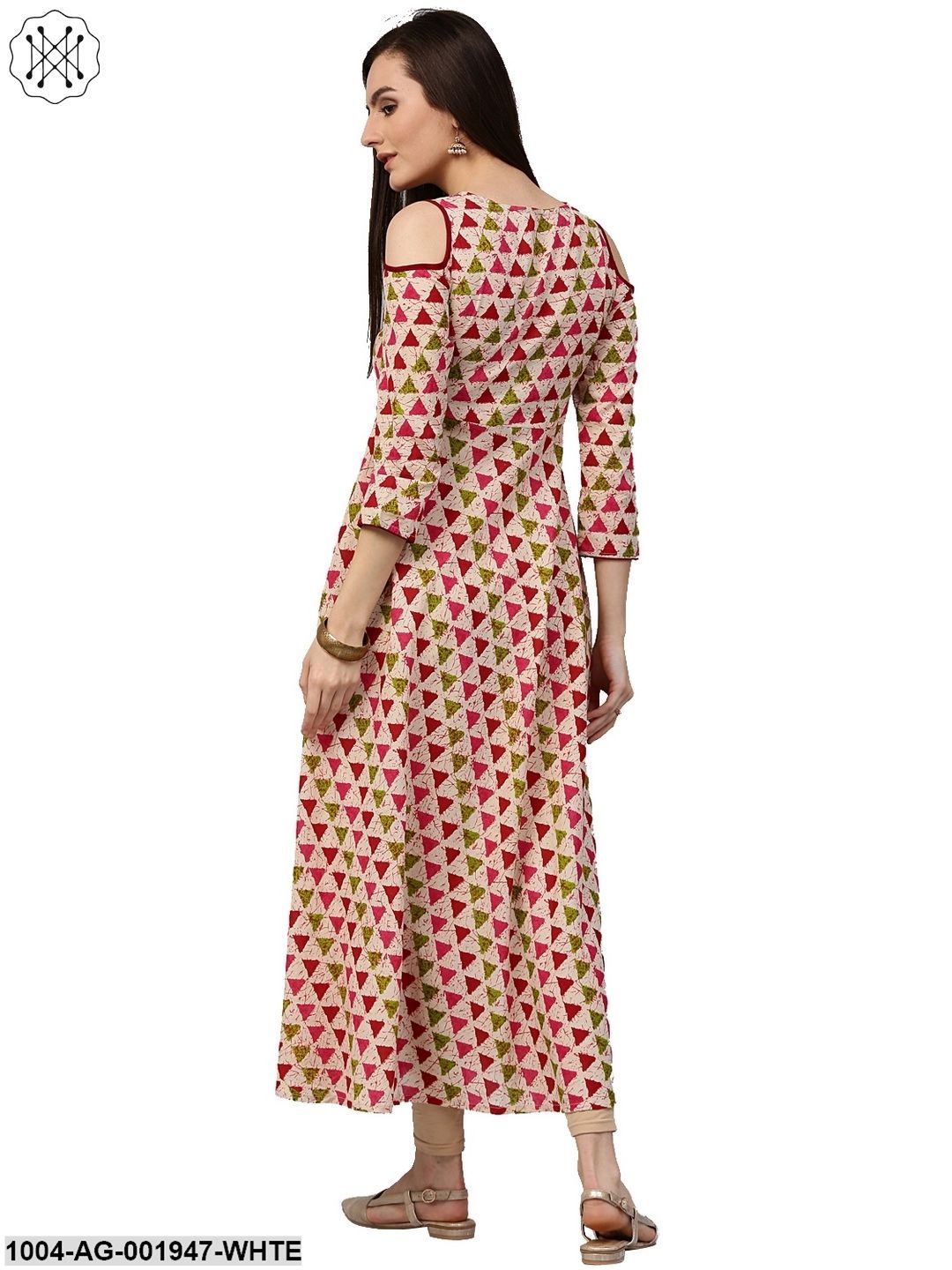 White Printed 3/4Th Sleeve Cold Shoulder 3/4Th Sleeve Cotton Anarkali Kurta - Image 3
