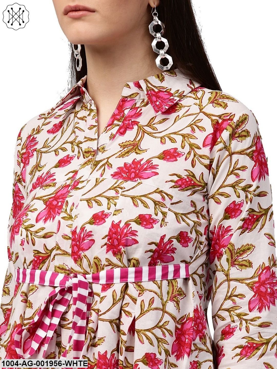 White Floral Printed 3/4Th Sleeve Cotton Anarkali Kurta - Image 4
