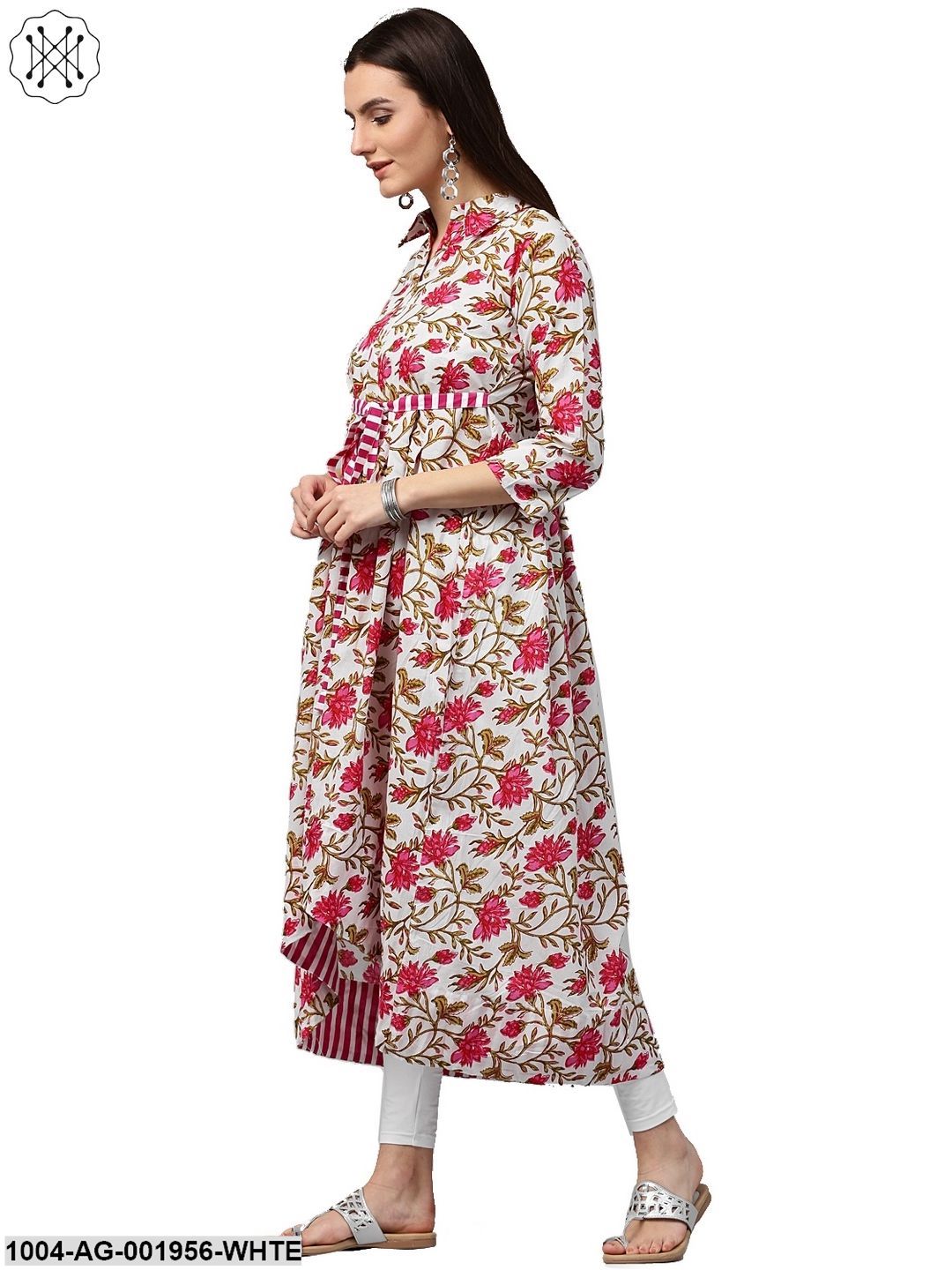 White Floral Printed 3/4Th Sleeve Cotton Anarkali Kurta - Image 2
