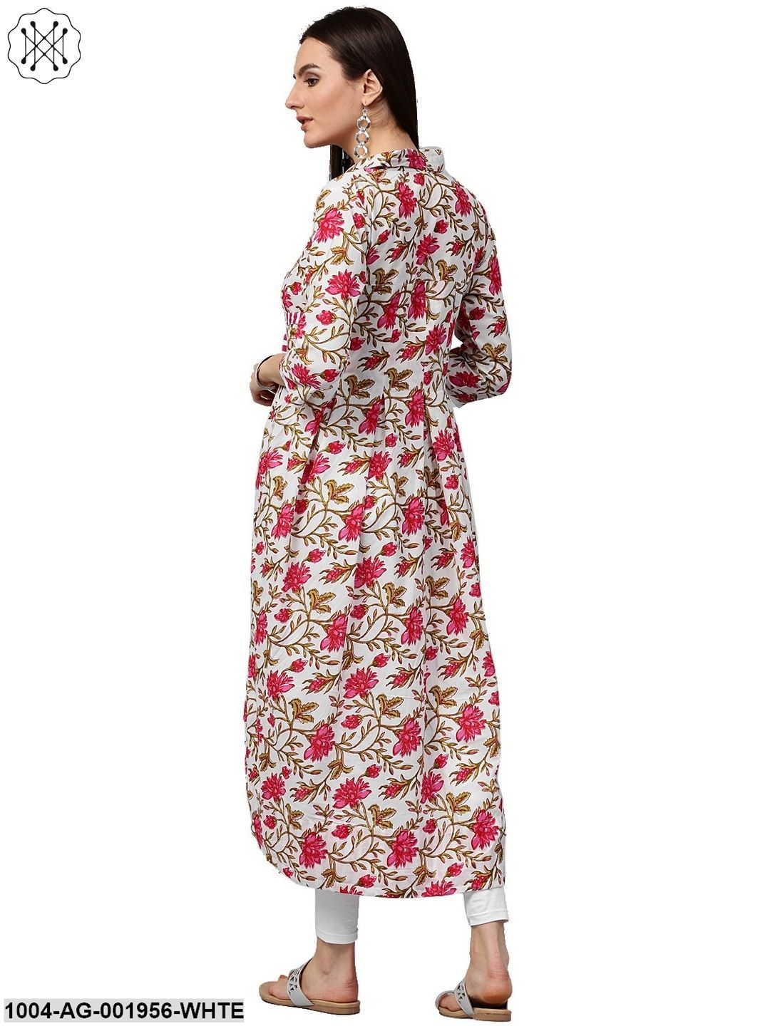 White Floral Printed 3/4Th Sleeve Cotton Anarkali Kurta - Image 3