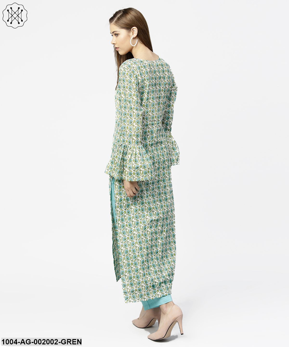 Green Printed Full Sleeve Cotton Long Straight Kurta - Image 3