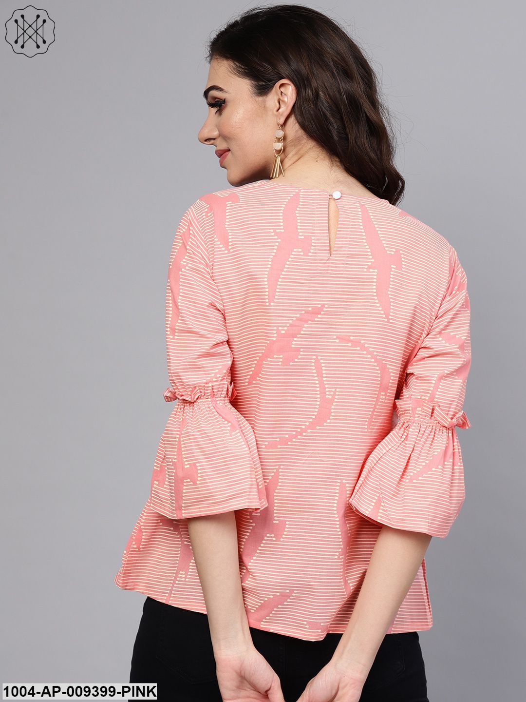Pink Quirky Bird Printed Round Neck Frilled Sleeves Top - Image 3