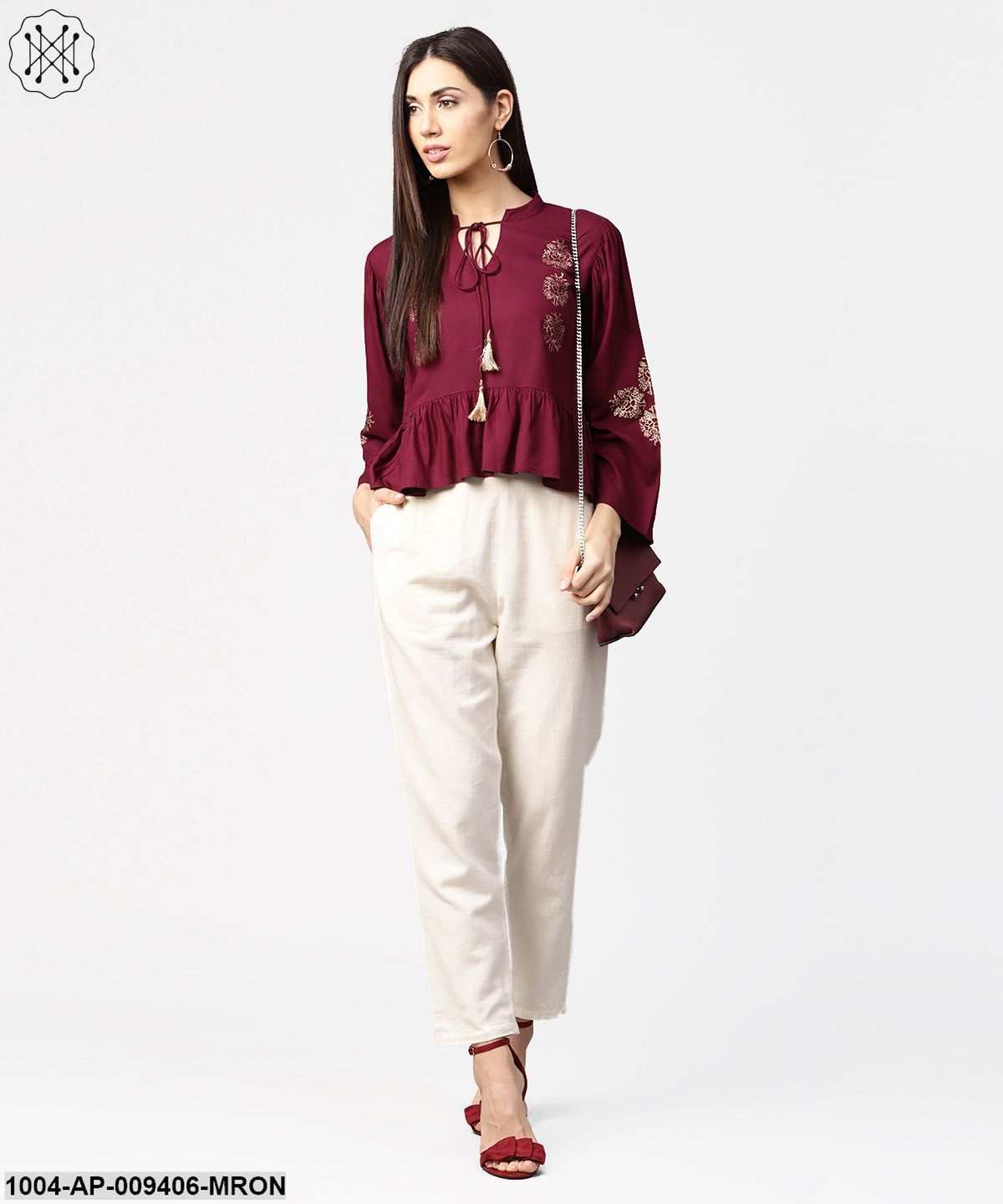 Maroon Full Sleeve Block Printed Crop Tops With Dori Work At Neck - Image 4
