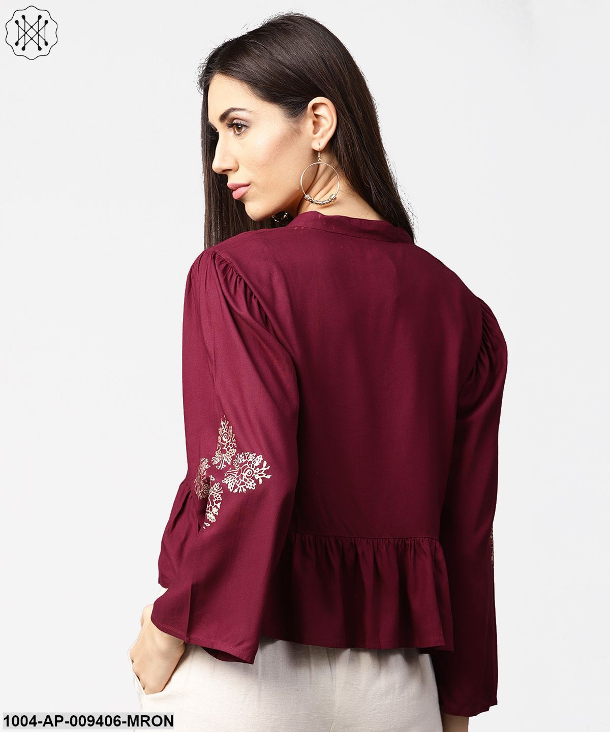 Maroon Full Sleeve Block Printed Crop Tops With Dori Work At Neck - Image 2