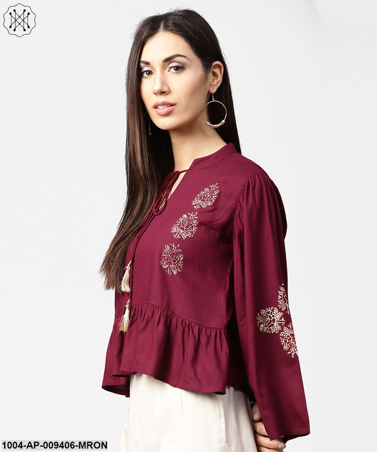 Maroon Full Sleeve Block Printed Crop Tops With Dori Work At Neck - Image 3