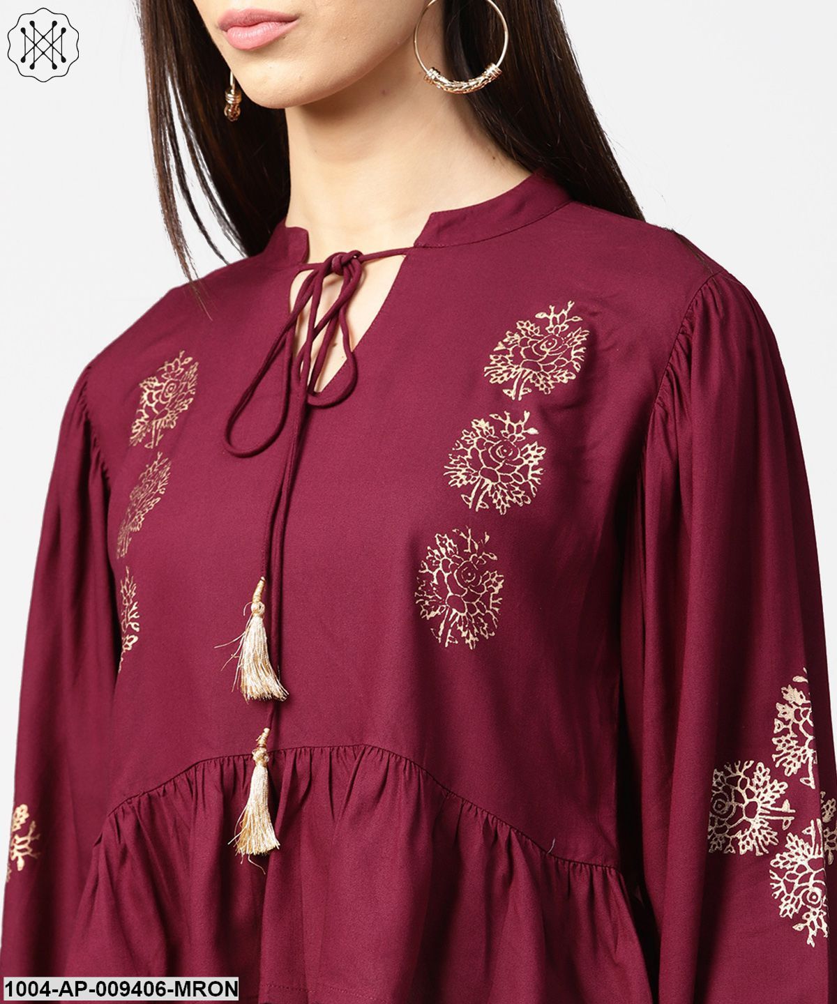 Maroon Full Sleeve Block Printed Crop Tops With Dori Work At Neck - Image 5