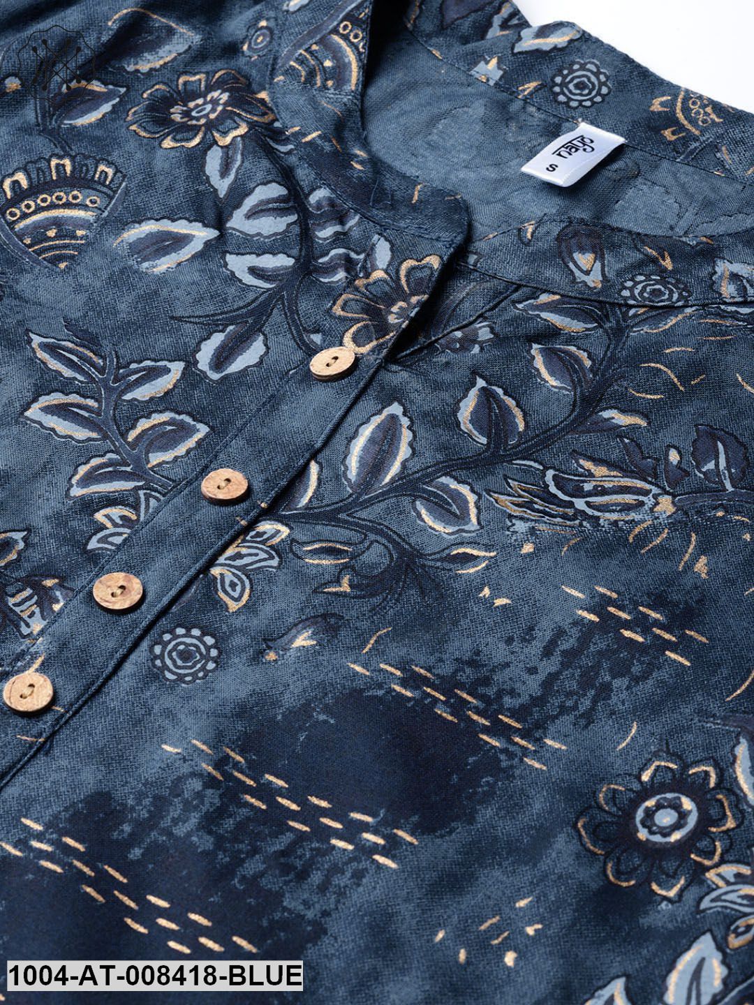 Teal Blue Gold Floral Printed Straight Kurta With Mandarin Collar & 3/4 Sleeves - Image 5