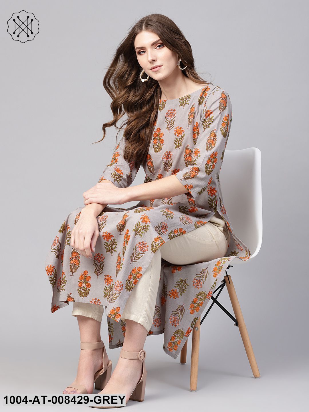 Grey Floral Printed 3/4Th Sleeve Cotton Straight Kurta - Image 4