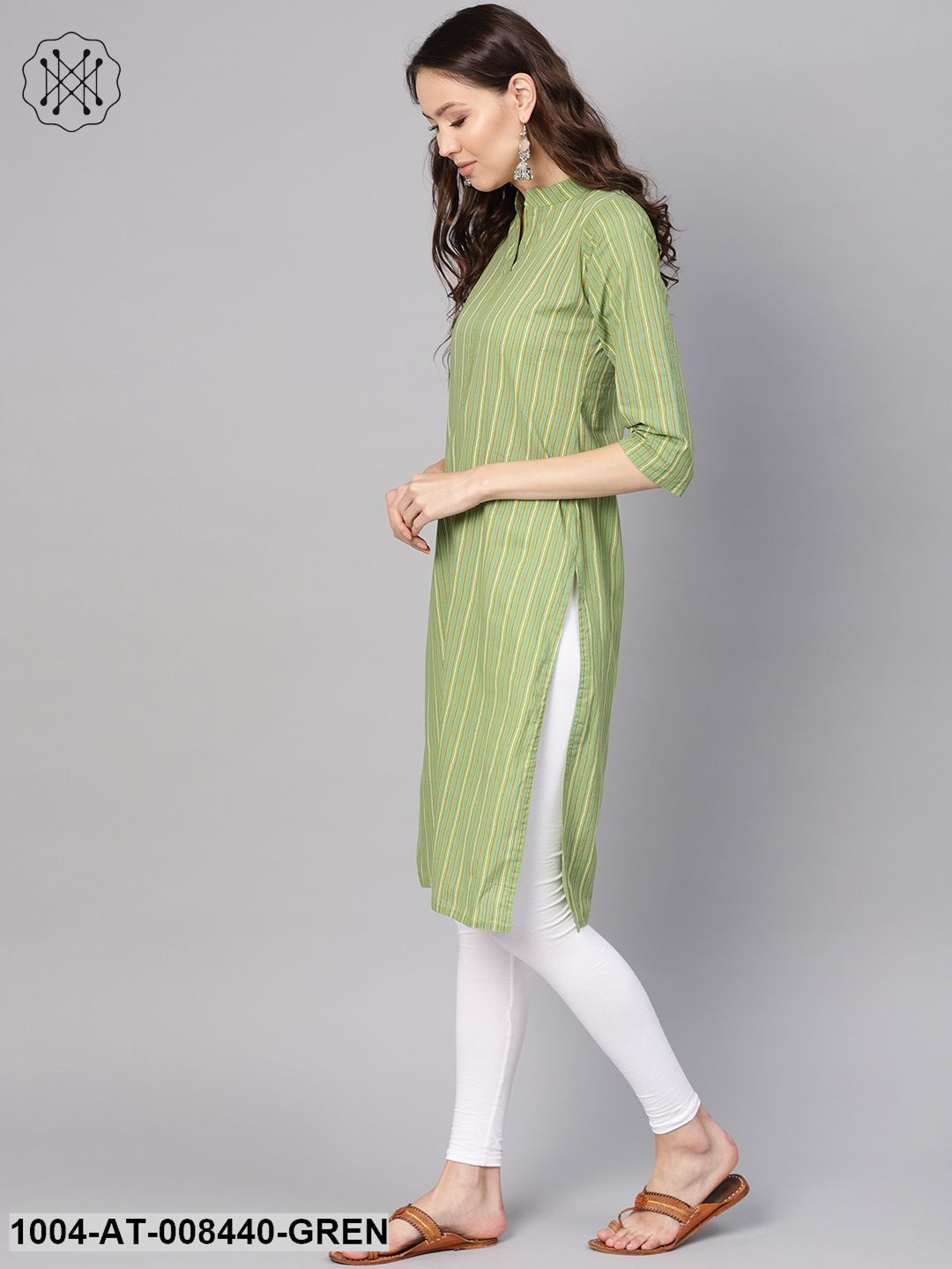 Green Striped 3/4Th Sleeve Cotton Straight Kurta - Image 2