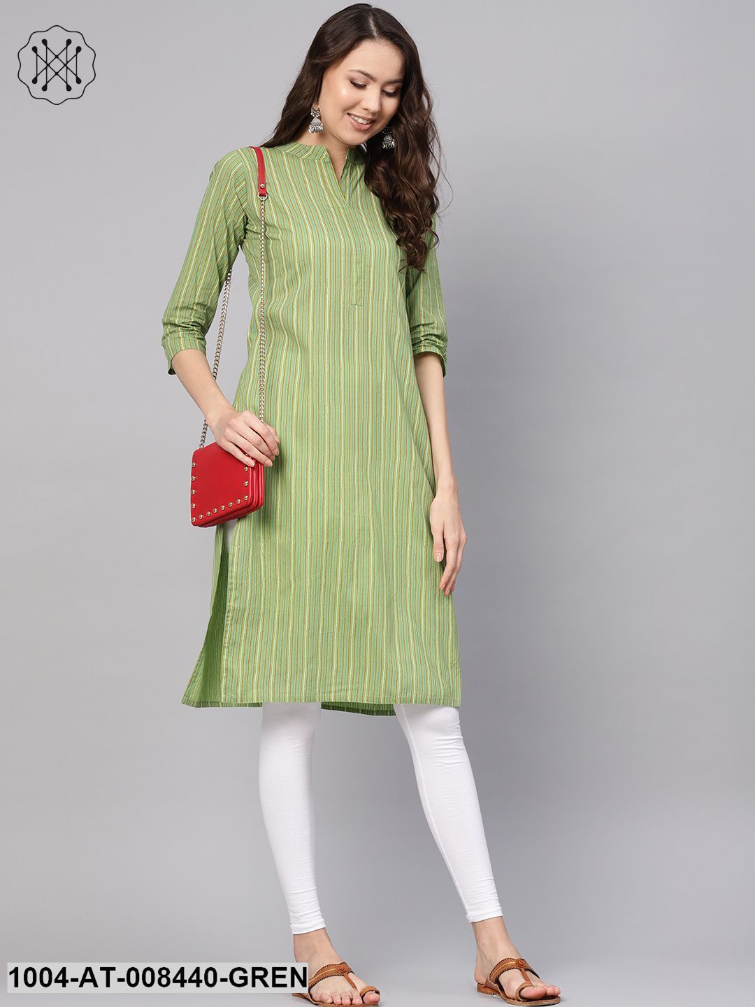 Green Striped 3/4Th Sleeve Cotton Straight Kurta - Image 4