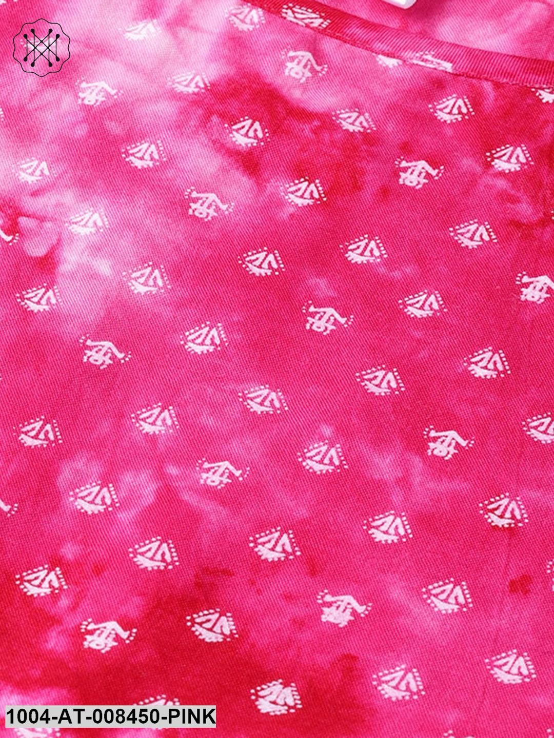 Pink Printed 3/4Th Sleeve Cotton Kurta - Image 5
