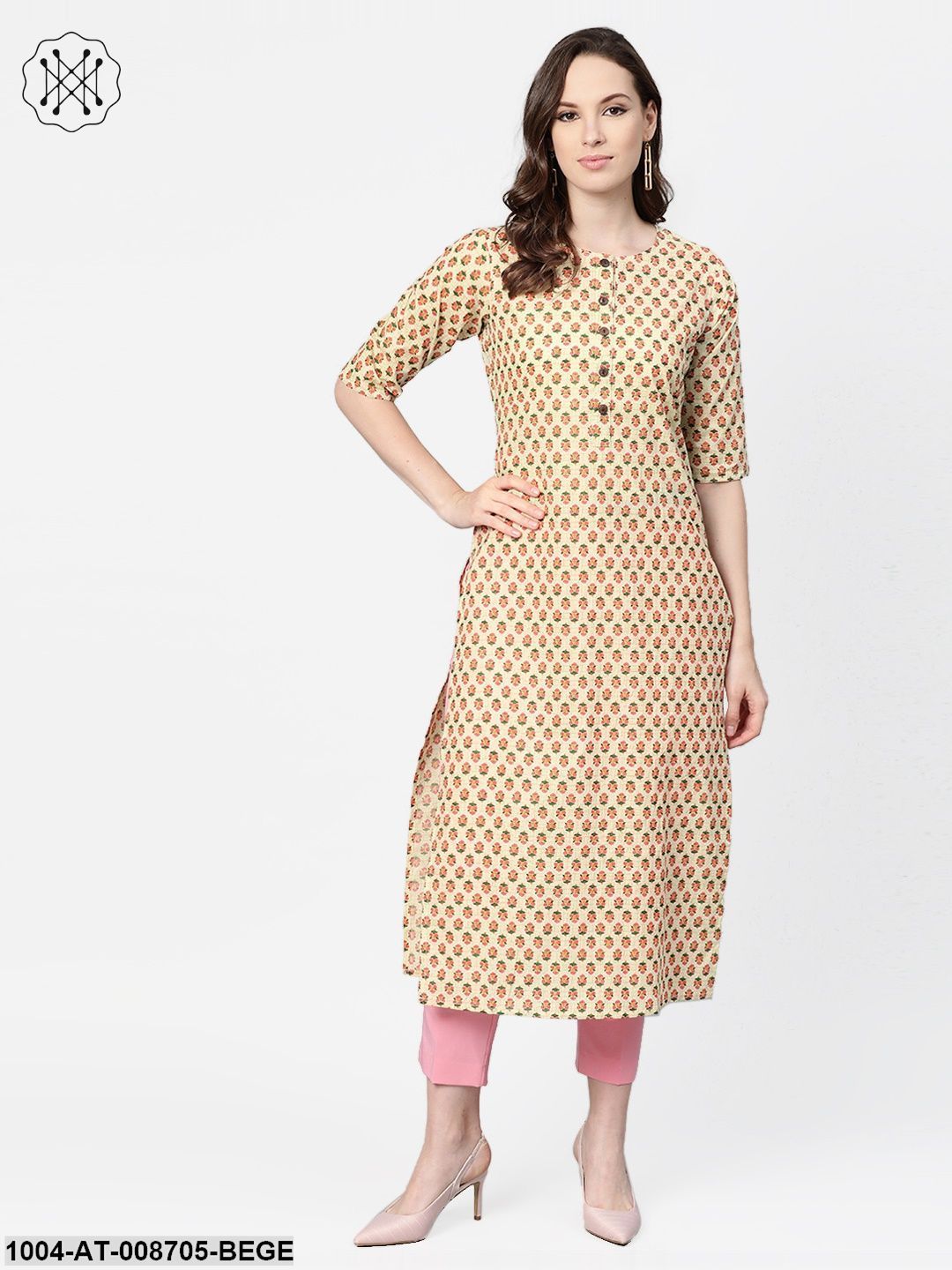 Beige with multi floral printed kurta with buttons detailing - Image 2