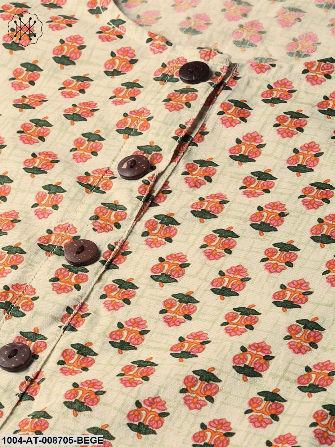 Beige with multi floral printed kurta with buttons detailing - Image 5