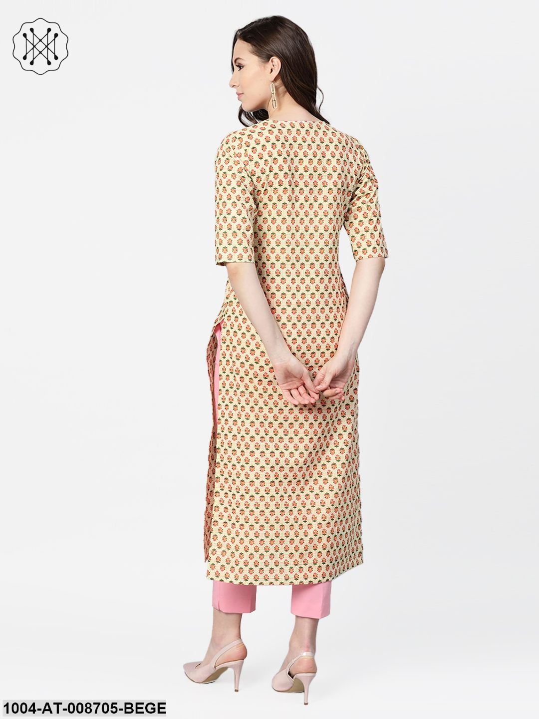 Beige with multi floral printed kurta with buttons detailing - Image 3