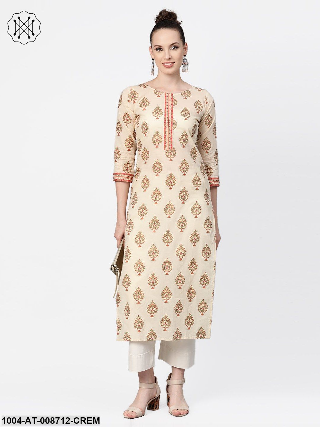 Cream Gold Printed Straight Kurta with Round neck & 3/4 sleeves - Image 2