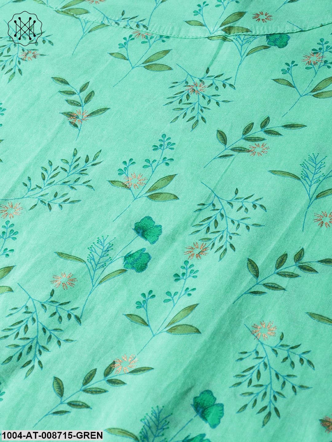 Fern Green Floral Printed Straight kurta with Round neck & 3/4 sleeves - Image 5