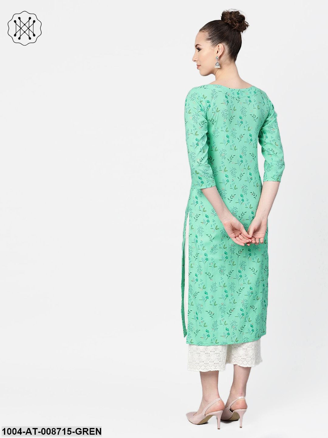 Fern Green Floral Printed Straight kurta with Round neck & 3/4 sleeves - Image 3