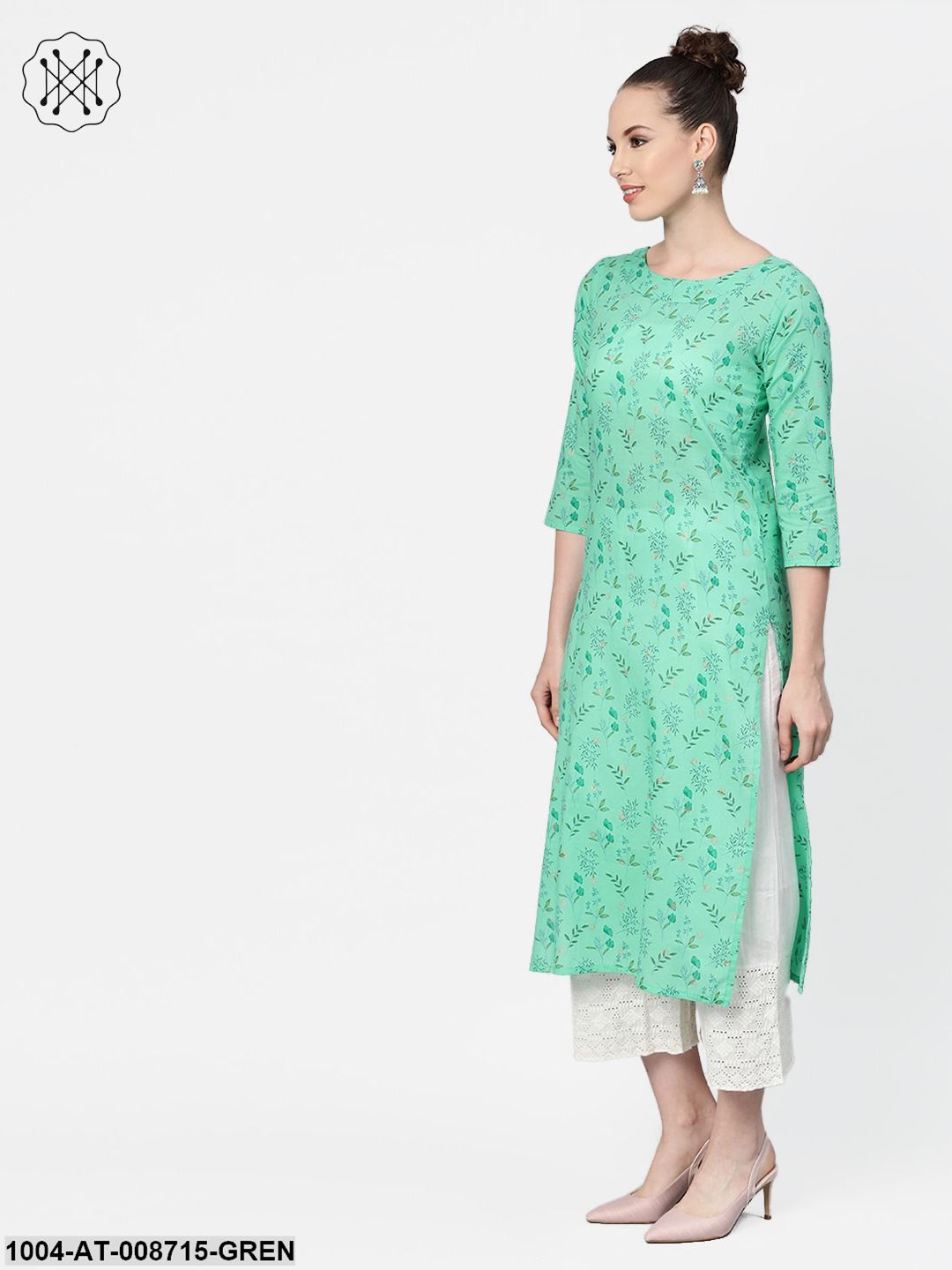 Fern Green Floral Printed Straight kurta with Round neck & 3/4 sleeves - Image 4