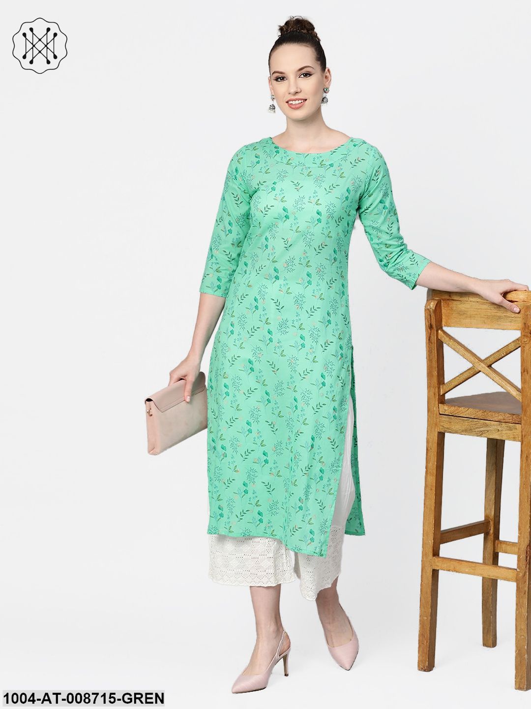 Fern Green Floral Printed Straight kurta with Round neck & 3/4 sleeves - Image 2
