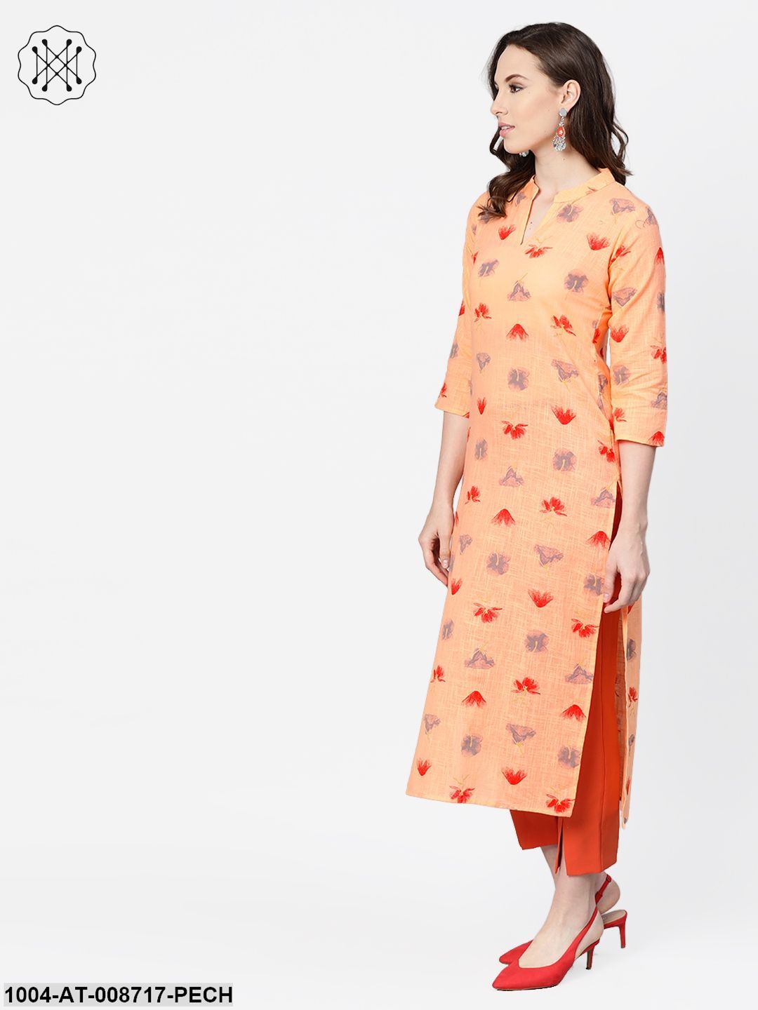 Peach Multi coloured printed Kurta with Mandarin collar with 3/4 sleeves - Image 4
