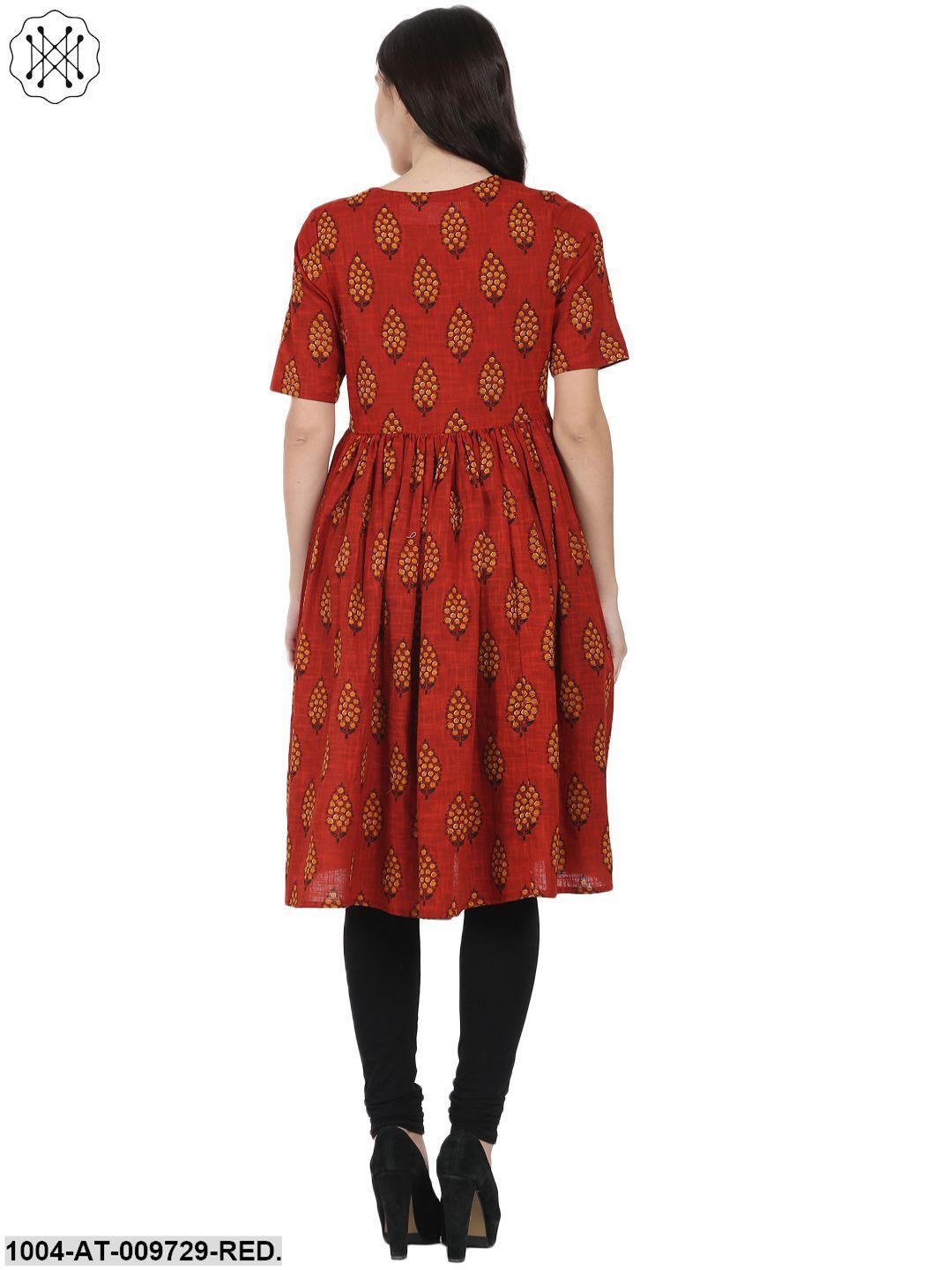 Red Printed Half Sleeve Cotton Slub Anarkali Kurta - Image 3