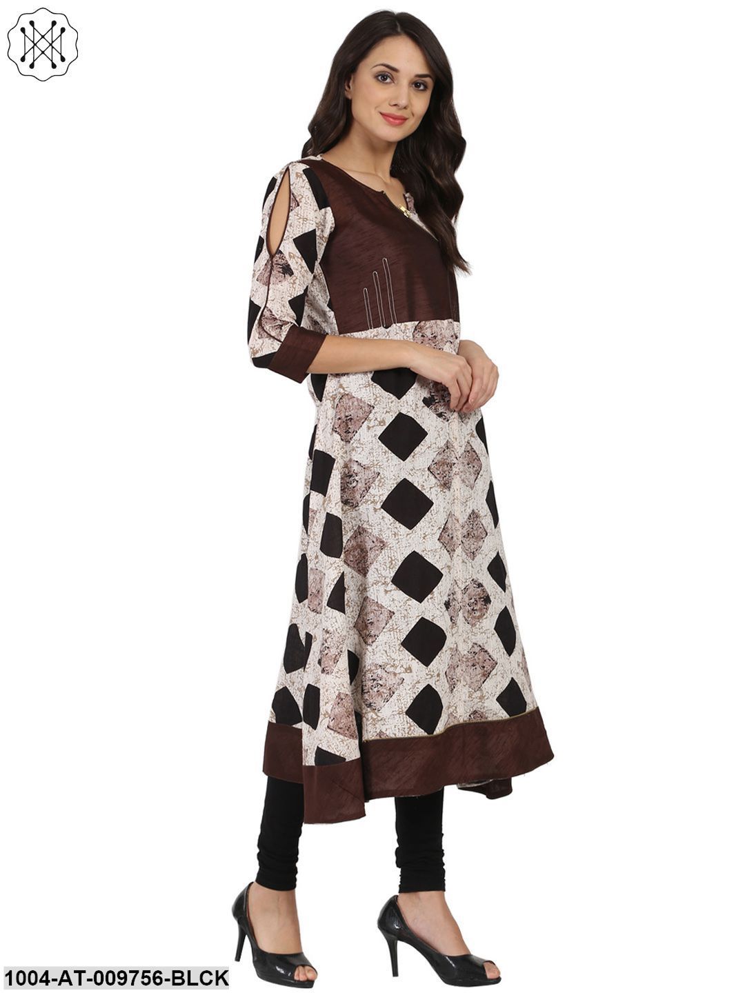 Black Printed 3/4Th Sleeve Cotton Slub Angrakha Kurta - Image 2