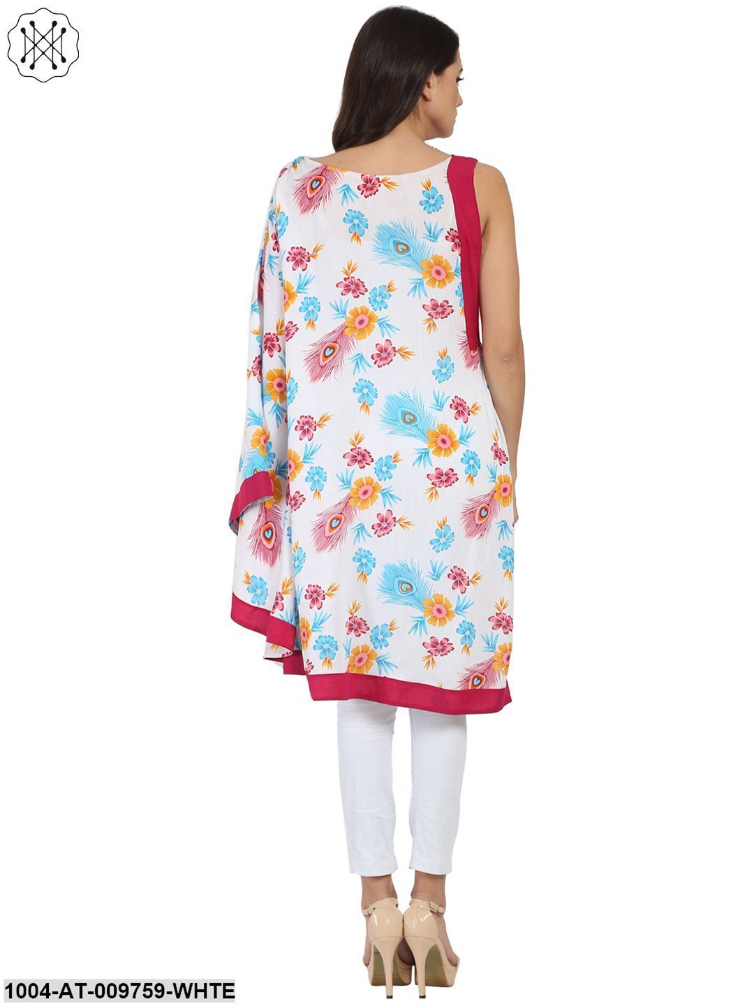 White Printed One Side Sleeve Rayon Flared Kaftan Kurta - Image 2