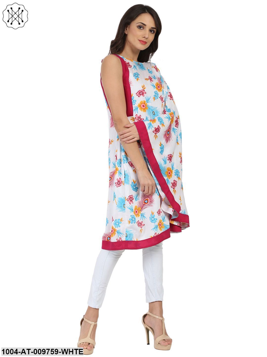 White Printed One Side Sleeve Rayon Flared Kaftan Kurta - Image 3