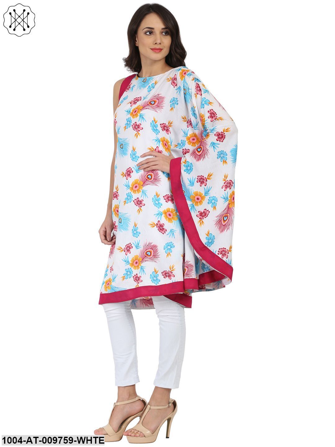 White Printed One Side Sleeve Rayon Flared Kaftan Kurta - Image 4