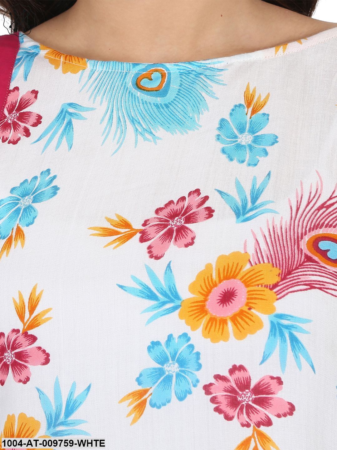 White Printed One Side Sleeve Rayon Flared Kaftan Kurta - Image 5