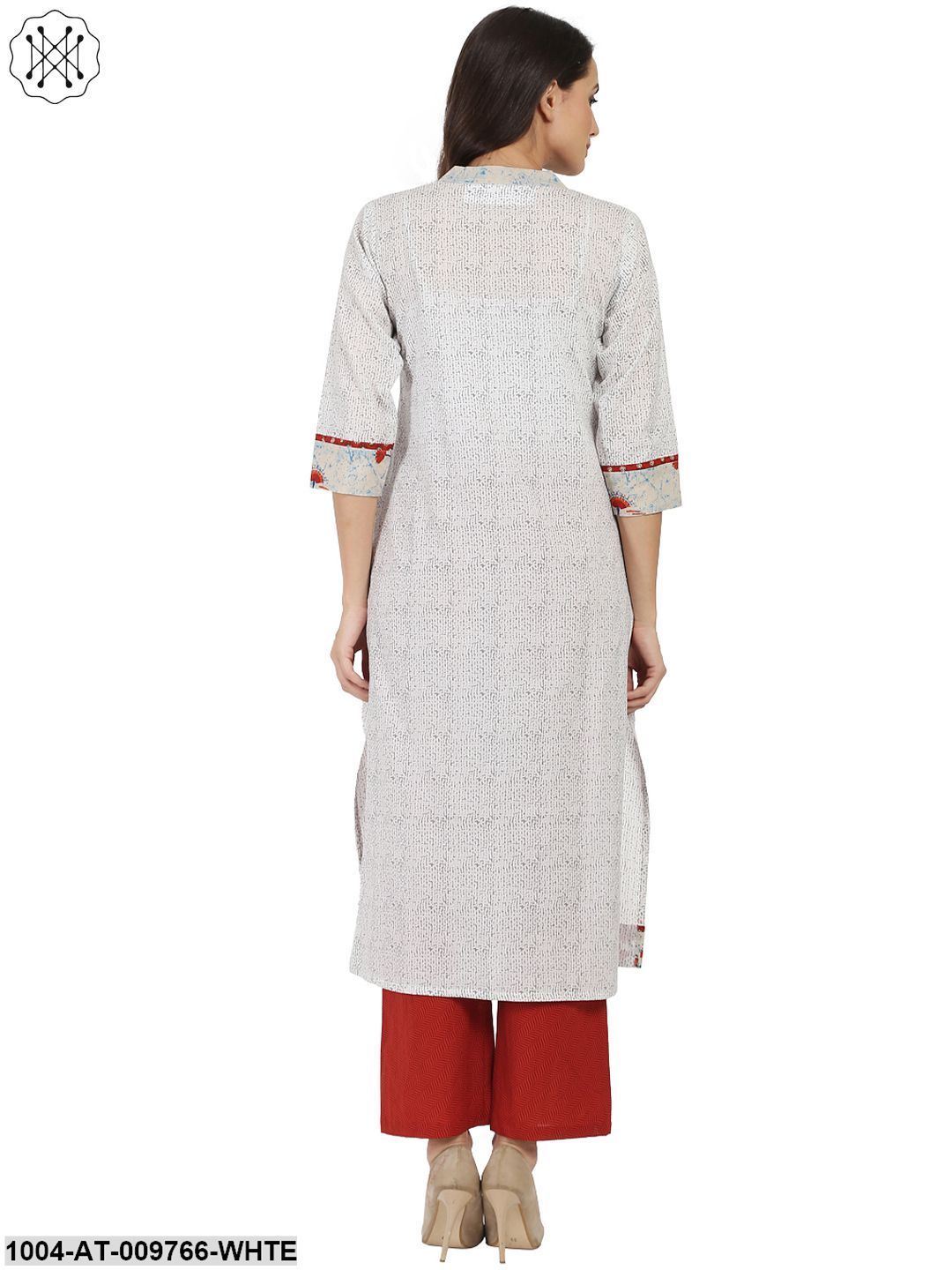 White Printed 3/4Th Sleeve Cotton A-Line Kurta - Image 2
