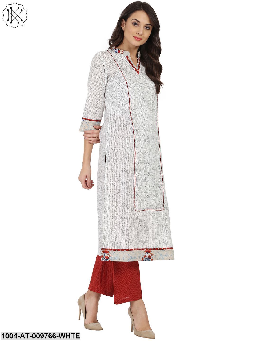 White Printed 3/4Th Sleeve Cotton A-Line Kurta - Image 3
