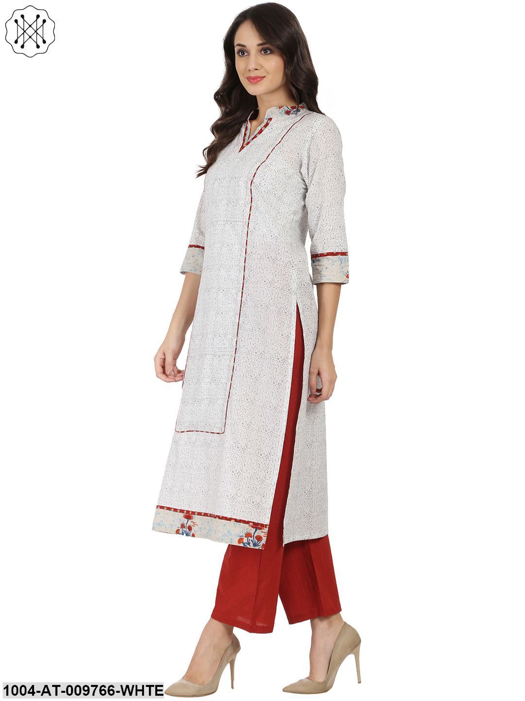 White Printed 3/4Th Sleeve Cotton A-Line Kurta - Image 4