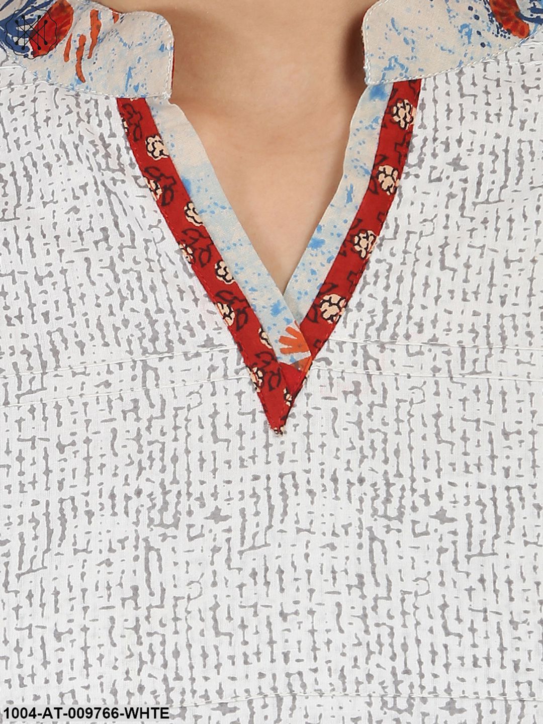 White Printed 3/4Th Sleeve Cotton A-Line Kurta - Image 5