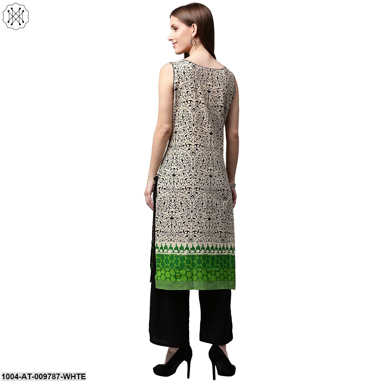 White Printed Sleeveless Cotton Kurta - Image 2