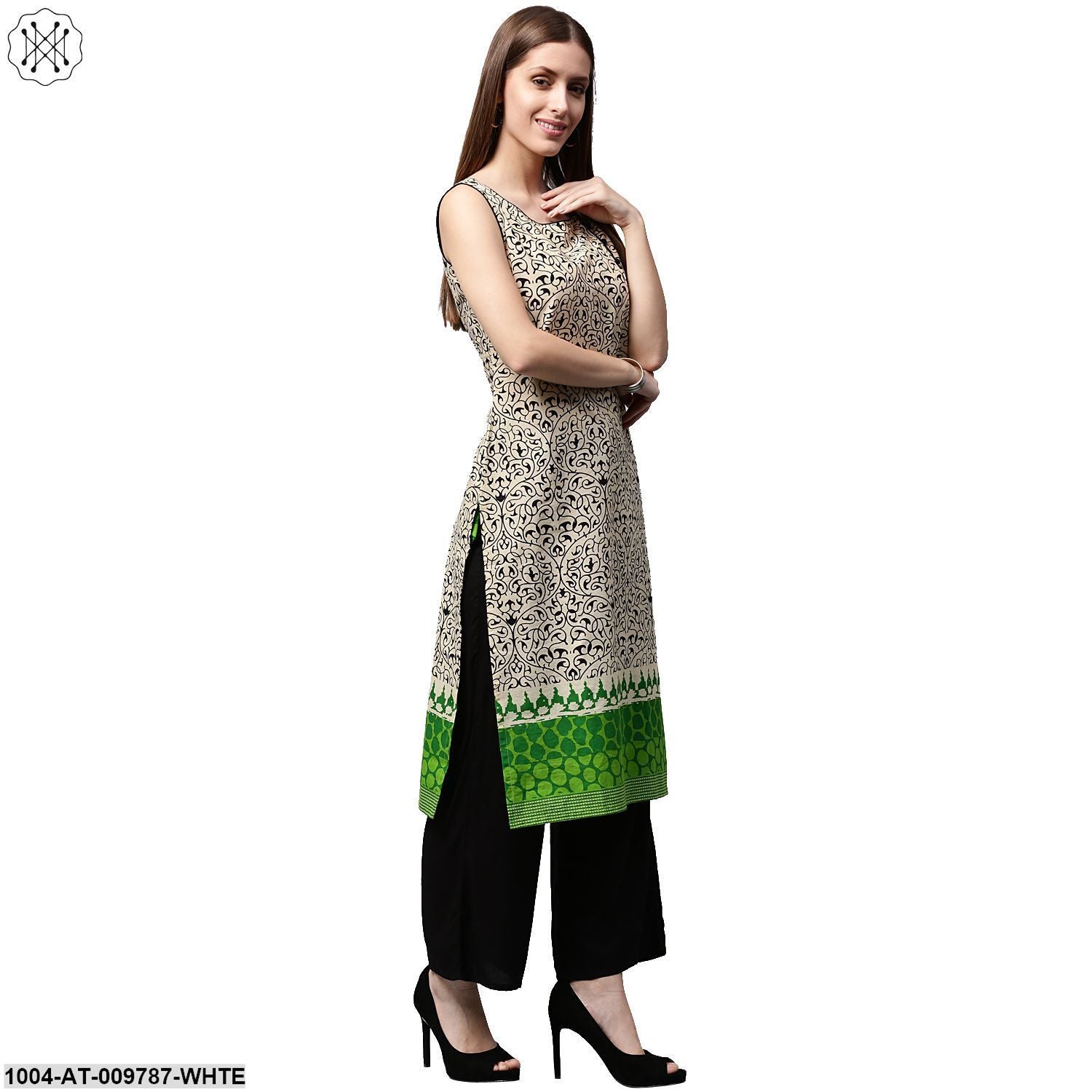 White Printed Sleeveless Cotton Kurta - Image 3