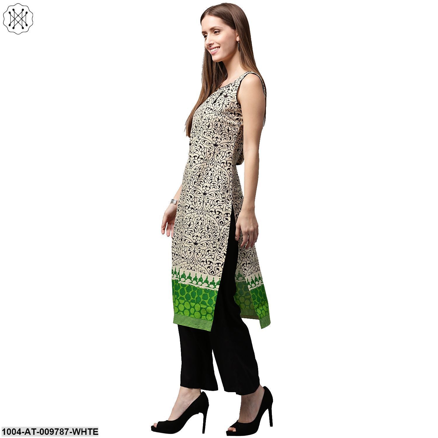 White Printed Sleeveless Cotton Kurta - Image 4