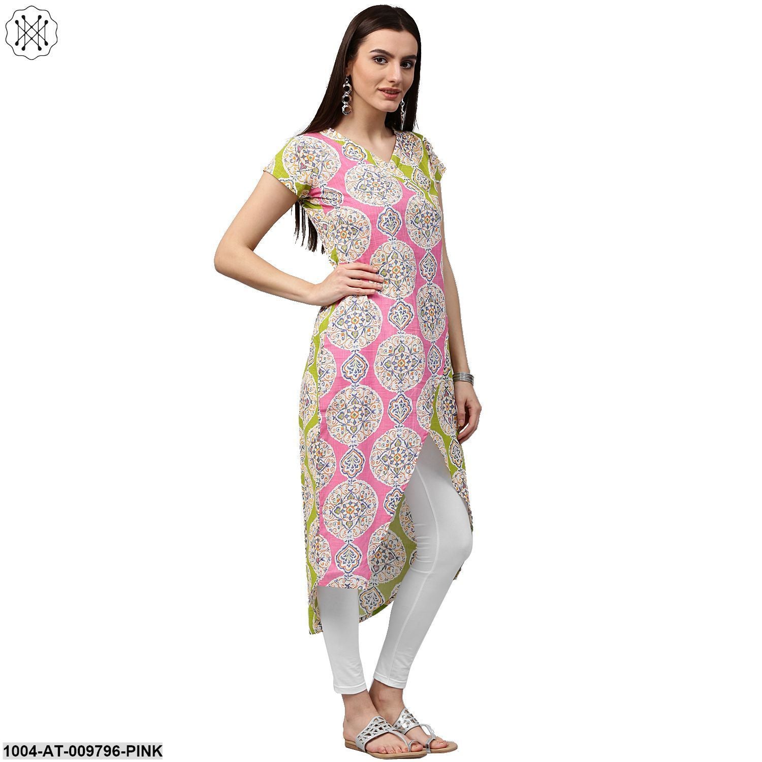 Green & Pink Printed Short Sleeve Cotton Assymetric Kurta - Image 2