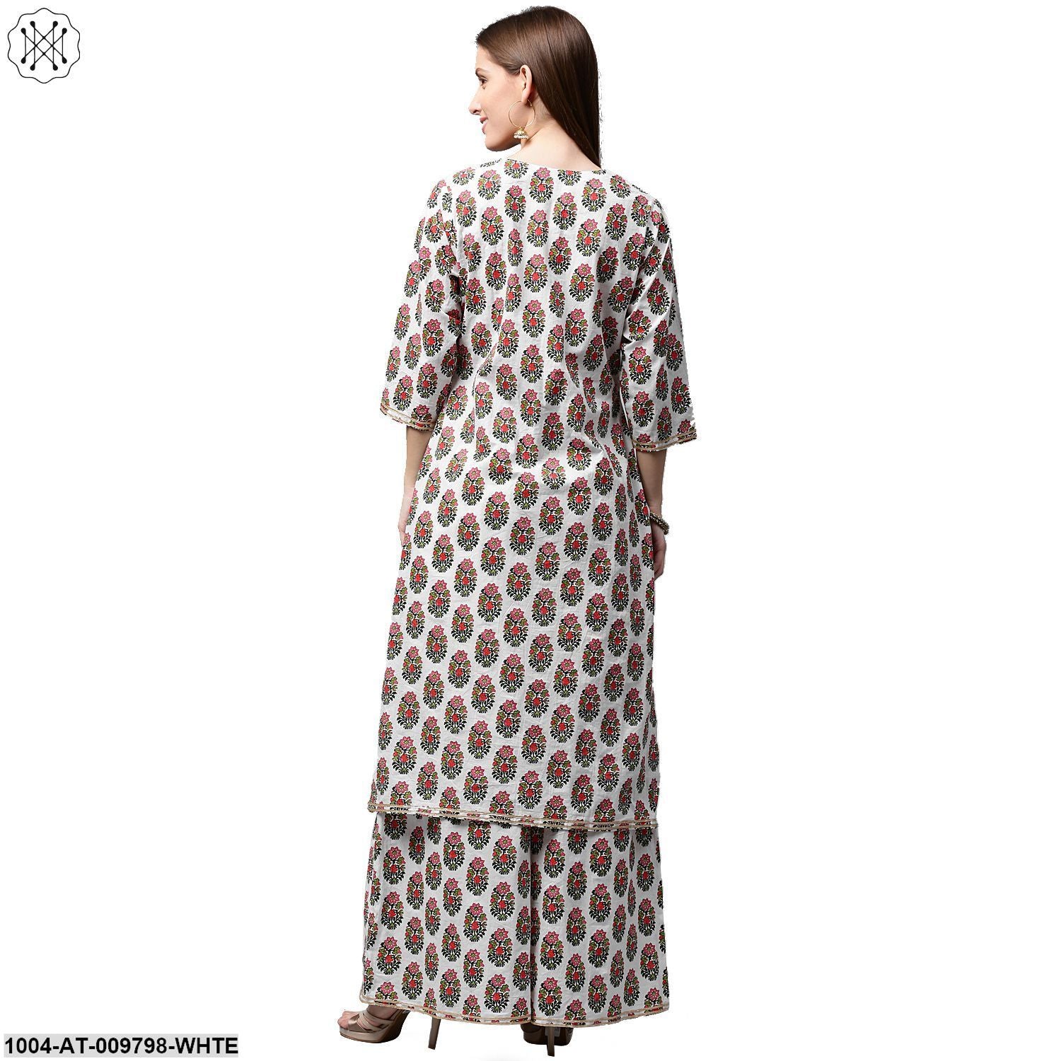 White Printed 3/4Th Sleeve Cotton Kurta - Image 2