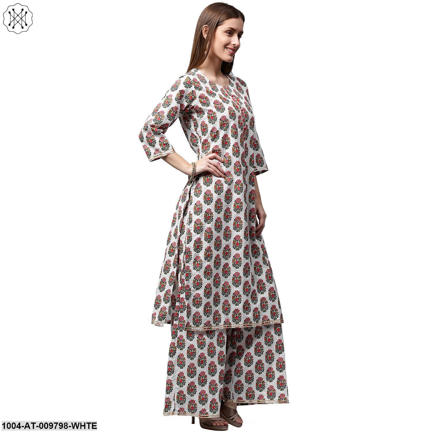 White Printed 3/4Th Sleeve Cotton Kurta - Image 3