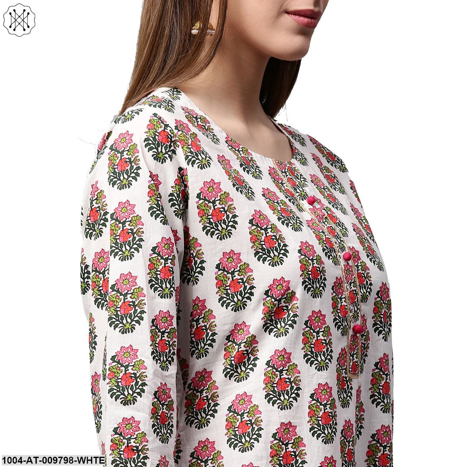 White Printed 3/4Th Sleeve Cotton Kurta - Image 4