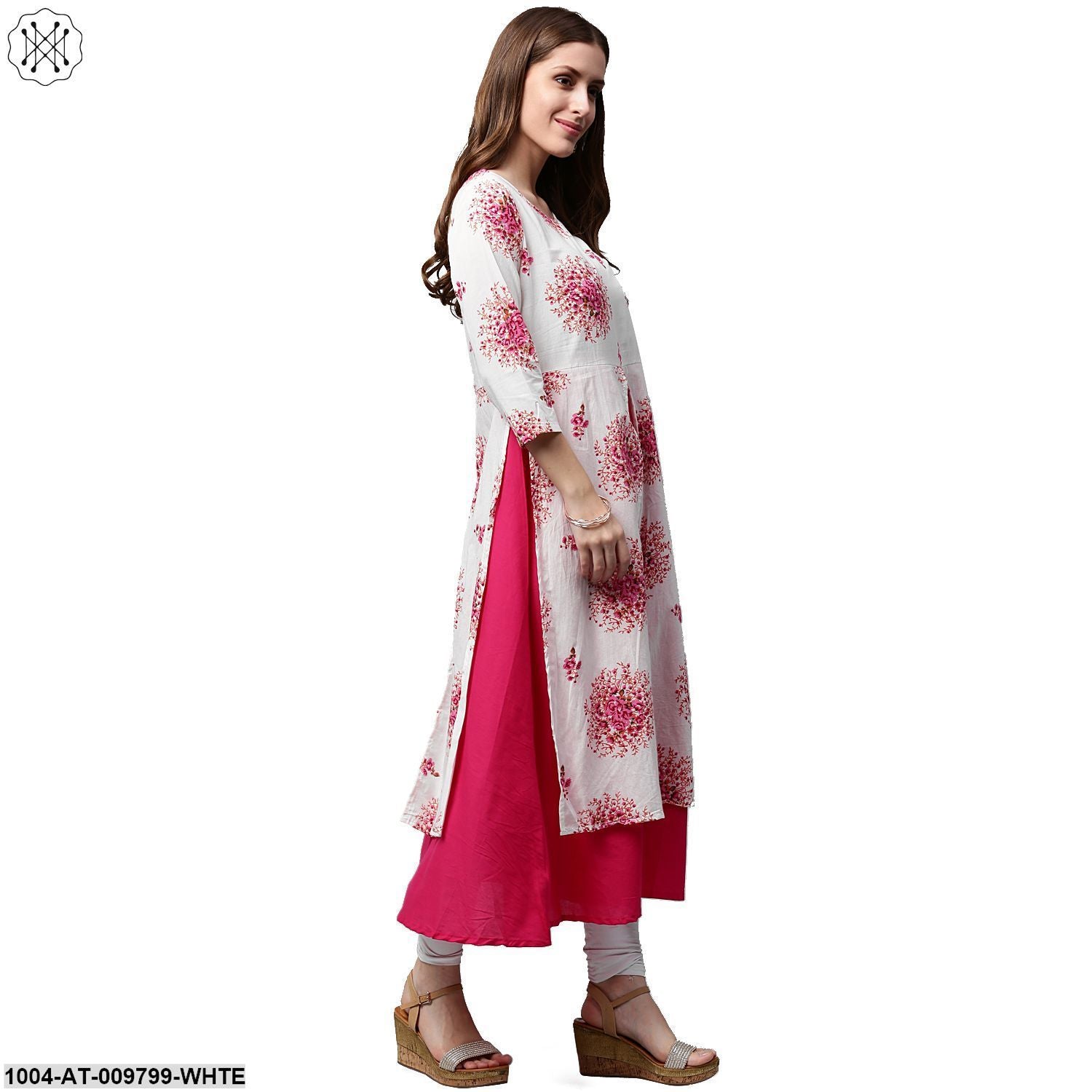 White Printed 3/4Th Sleeve Cotton Double Layer Kurta - Image 3