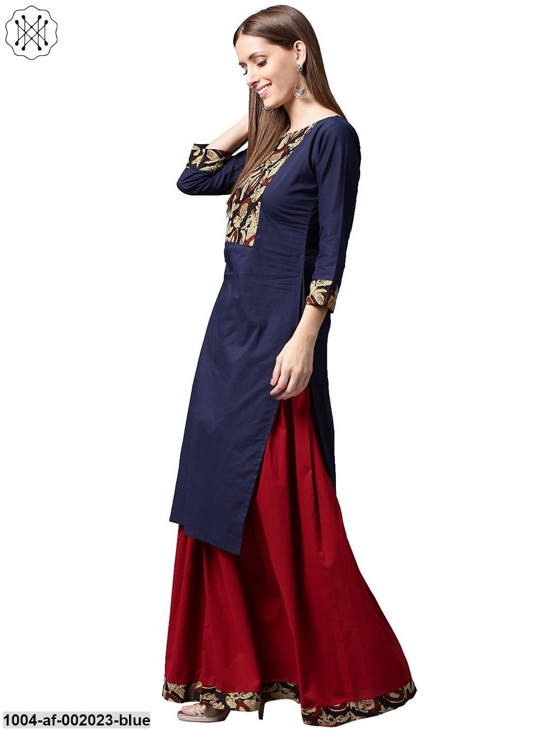 Blue Printed 3/4Th Sleeve Cotton Kurta With Maroon Skirt - Image 4