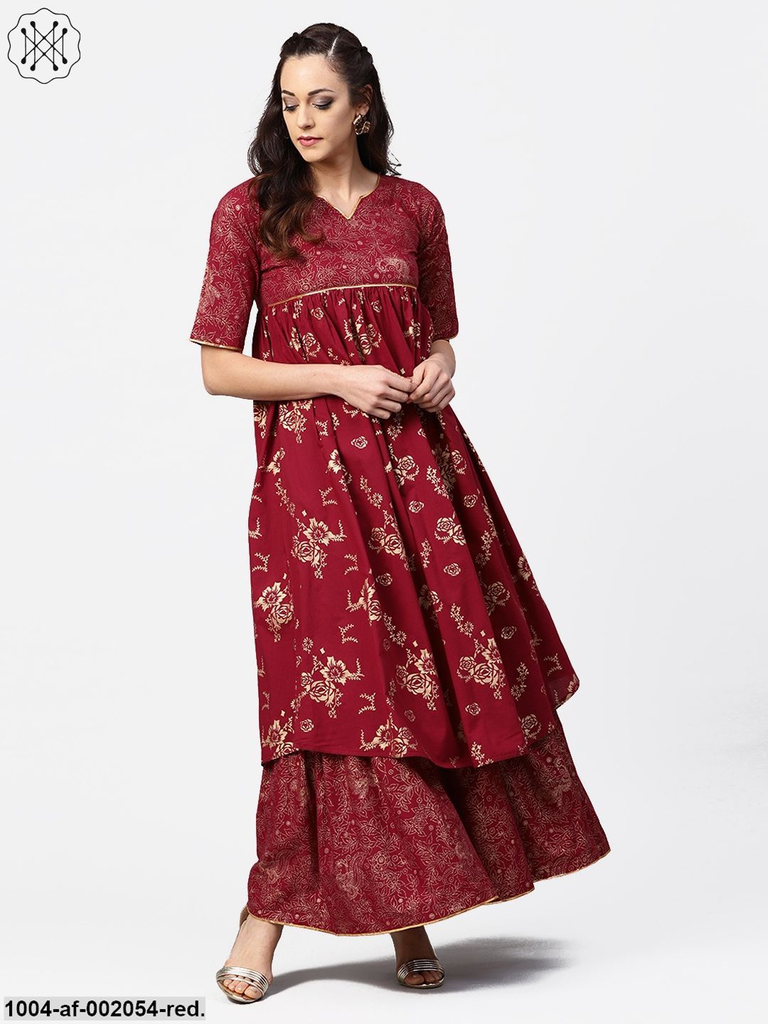 Red Printed Half Sleeve Cotton A-Line Kurta With Sharara - Image 2