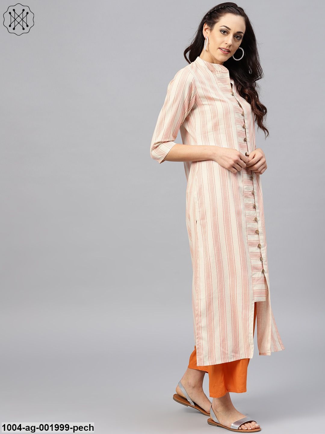Peach And White Striped Kurta With Mandarin Collar And 3/4 Sleeves