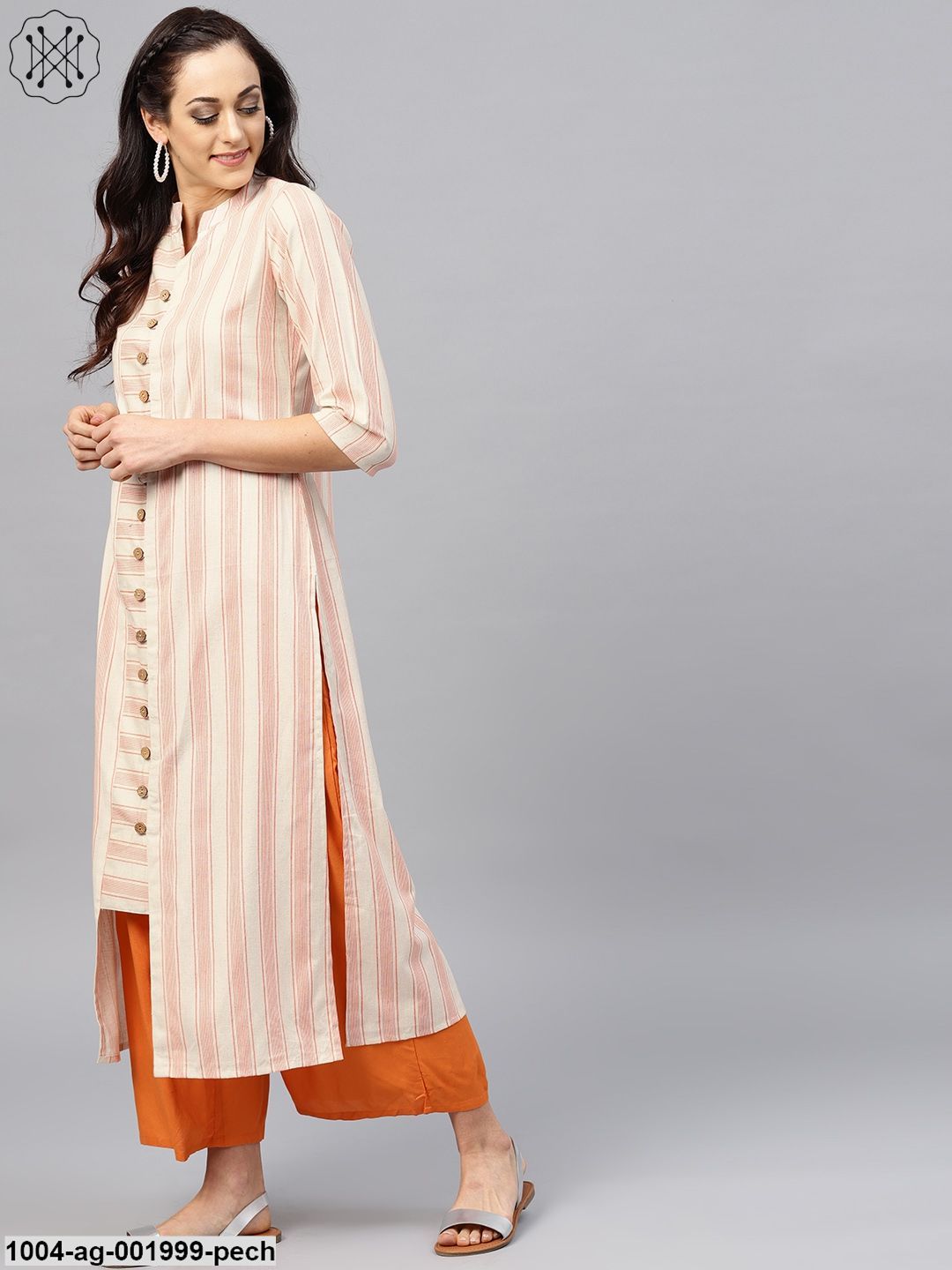 Peach And White Striped Kurta With Mandarin Collar And 3/4 Sleeves - Image 2